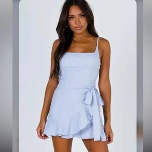 Princess Polly Ruffled Icy Blue Square Neck Coquette Girl Linen Look Wrap Dress